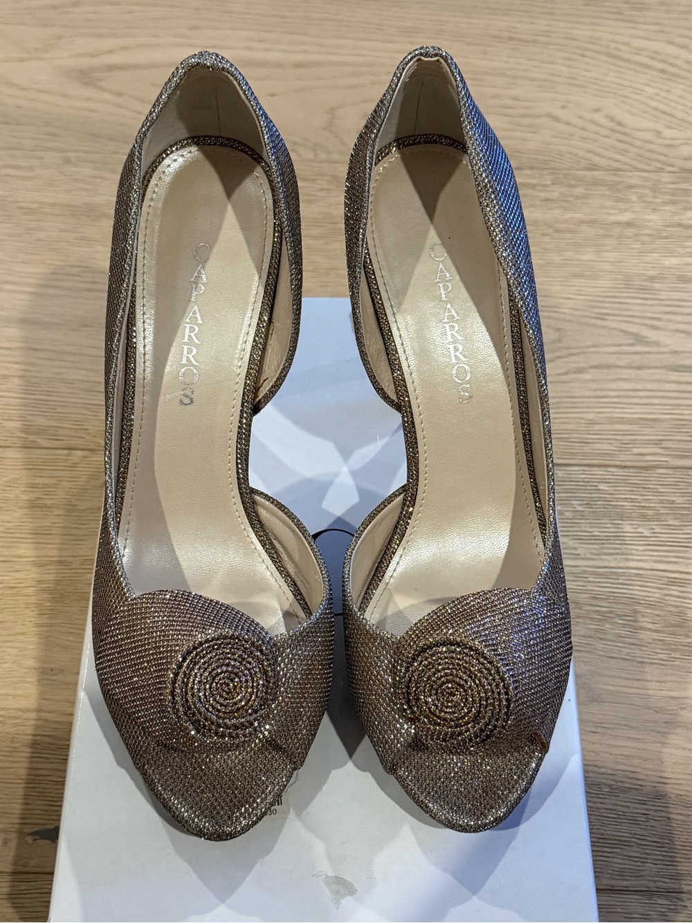 Caparros Women's Bronze Glitter Peep Toe Pumps with Decorative Rosette